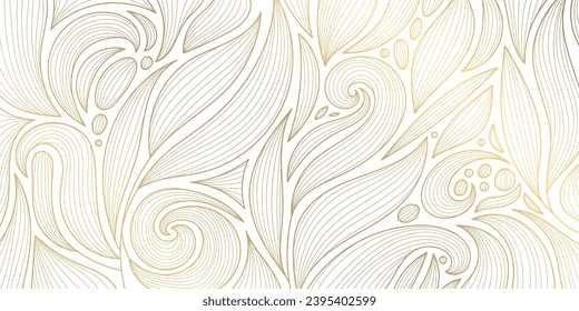 Fondo de lujo abstracto vectorial, fondo de pared floral de línea dorada, hojas textura. Moderno botánico de oro, diseño art deco, elegante adorno ondulante de follaje. 