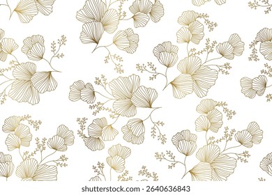 Vector abstract luxury background, gold line floral wallpaper, leaves texture. Golden botanical modern, art deco pattern