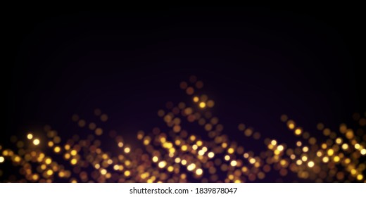 Vector de fondo de lujo abstracto con luces de bokeh doradas sobre negro. Fondo festivo con efecto brillante.