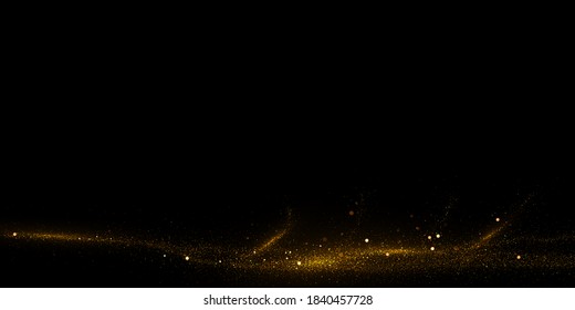 Vector abstract luxury background. Golden glitter dust texture. Sparkling glittering on black. Gold particles motion on black.