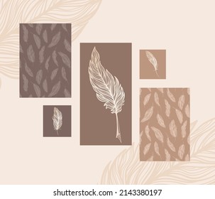 Juego de impresiones de interiores de plumas de lujo abstractas
Diseño de cuadros murales contemporáneos marrones y beige