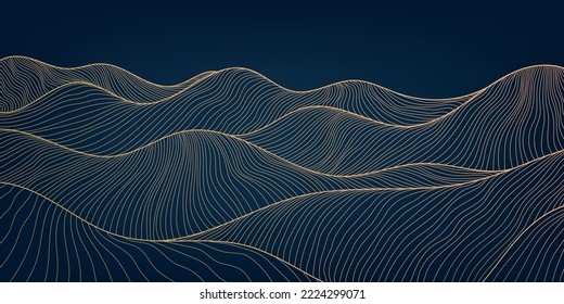 Vector abstract luxury golden wallpaper, wavy line art background. Line design for interior design, textile patterns, textures, posters, package, wrappers, gifts etc. Japanese style mountains