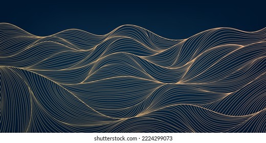 Vector abstract luxury golden wallpaper, wavy line art background. Line design for interior design, textile patterns, textures, posters, package, wrappers, gifts etc. Japanese style mountains