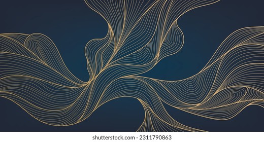 Vector abstract luxury golden wallpaper, wavy line art background, dynamic ribbons. Line design for interior design, textile patterns, textures, posters, package, wrappers, gifts etc. Japanese style