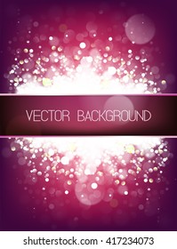 Vector abstract magenta background with lights. The horizontal vinous line in the center. Stripe for text. Bokeh. White circles. Dust. Dark edge. Pink gradient mesh. 