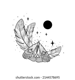 Vector abstract magic illustration with celestial moth, moon, stars and flowers isolated on white background. Boho trendy esoteric butterfly symbol for poster print, fashion, fabric, textile, paper