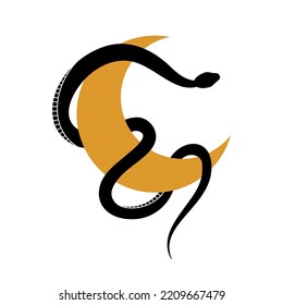 Vector abstract magic illustration celestial snake and moon, minimal design isolated on white background. Boho trendy esoteric minimalistic serpent symbol for poster print, fashion, fabric or card