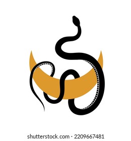 Vector abstract magic illustration celestial snake and moon, minimal design isolated on white background. Boho trendy esoteric minimalistic serpent symbol for poster print, fashion, fabric or card