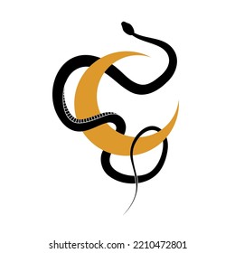 Vector abstract magic illustration celestial snake and moon, minimal design isolated on white background. Boho trendy esoteric minimalistic serpent symbol for poster print, fashion, fabric or card