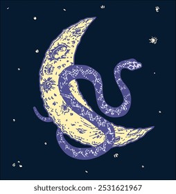 Vector abstract magic illustration with celestial snake, moon and stars. Mystical witchy symbol. Boho trendy esoteric serpent symbol for poster print, fashion, fabric, textile, paper, tattoo. 