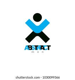 Vector abstract  man with raised hands up. Successful business person illustration. Freedom creative logotype, emblem.