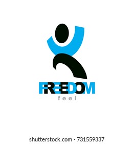 Vector abstract  man with raised hands up. Successful business person illustration. Freedom creative logotype, emblem.