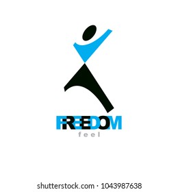Vector abstract  man with raised reaching up. Corporate leader metaphor illustration. Freedom creative logo, symbol.