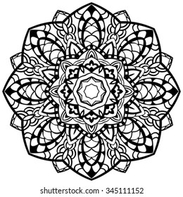 Vector, abstract, mandala with black outline on a white background. Round element of ornament. Template for design. Sketch for tattoo.