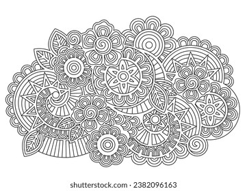 Vector abstract mandala pattern with flowers in a doodle style. Anti-stress coloring book page for adults