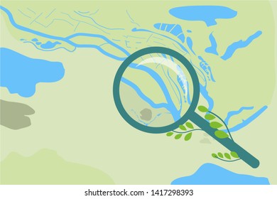 Vector abstract map of the area and a magnifier with a magnification and branches with leaves, top view on a light green background. Composition about the study and the study of nature.