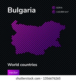 Vector abstract map of Bulgaria with violet striped texture and striped dark background