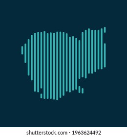 Vector abstract map of Cambodia with blue straight rounded lines isolated on a indigo background.