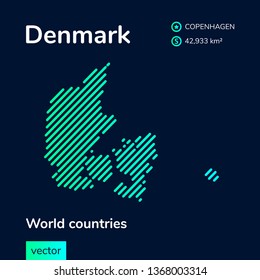 Vector abstract map of Denmark with turquoise striped texture and dark blue background
