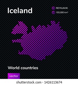 Vector abstract map of Iceland with violet striped texture and striped dark background