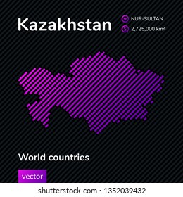 Vector abstract map of Kazakhstan with violet striped texture and striped dark background. New capital of Kazakhstan  - Nur-Sultan