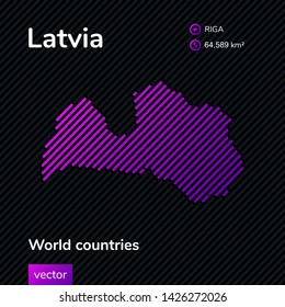 Vector abstract map of Latvia with violet striped texture and striped dark background