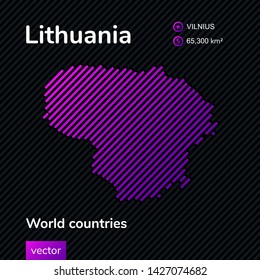 Vector abstract map of Lithuania with violet striped texture and striped dark background