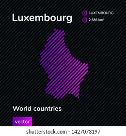 Vector abstract map of Luxembourg with violet striped texture and striped dark background