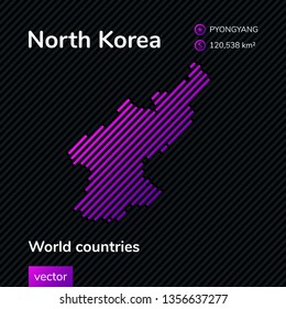 Vector abstract map of North Korea with violet striped texture and striped dark background