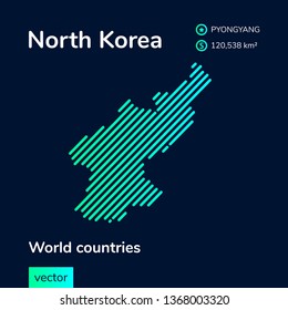 Vector abstract map of North Korea with mint striped texture and dark blue background