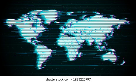 Vector. Abstract map of the planet Earth on a dark background. Glitch. White torn outlines of continents with color effect of anaglyph and TV interference. Technological template for websites.