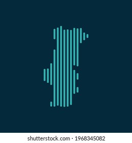 Vector abstract map of Portugal with blue straight rounded lines isolated on a indigo background.