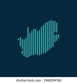 Vector abstract map of South Africa with blue straight rounded lines isolated on a indigo background.