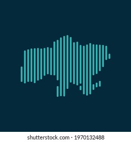 Vector abstract map of Ukraine with blue straight rounded lines isolated on a indigo background.