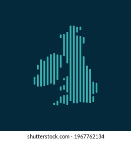 Mapa abstracto vectorial del Reino Unido con líneas redondeadas rectas azules aisladas en un fondo índigo.