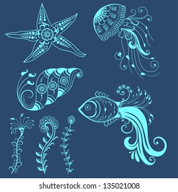 Vector abstract marine creatures in indian mehndi style. Abstract henna floral vector illustration. Design element.