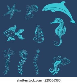 Vector abstract marine creatures in indian mehndi style. Abstract henna floral vector illustration. Design element.