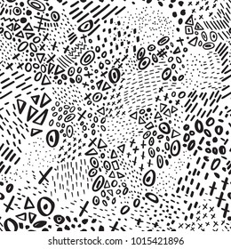 Vector abstract marker stroke doodle lines seamless pattern with circles, dots,triangle. Isolated, colorless. Can be used as a background, pattern, wrapping paper, textile swatch, fabric,  backdrop, 