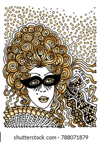 Vector abstract Masquerade card. Carnival Party invitation. Harlequin rhombus. Mardi Gras holiday. Black, gold, white hand drawn doodle sketch. Lady in mask, baroque wig, fan, confetti.Tee shirt print