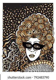 Vector abstract Masquerade card. Carnival Party invitation. Harlequin rhombus. Mardi Gras holiday. Black, gold, white hand drawn doodle sketch.Lady in mask, baroque wig, fan, confetti Tee shirt print