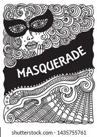 Vector abstract Masquerade drawing. Carnival Party invitation card. Mardi Gras holiday greeting. Black and white hand drawn doodle sketch. Lady in mask, Baroque wig, fan, bow, scrolls, confetti