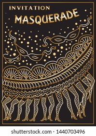 Vector abstract Masquerade drawing. Carnival Party invitation card. Mardi Gras holiday greeting. Gold linear hand drawn doodle sketch on black. Female legs in stockings, fan, bow, scrolls, confetti