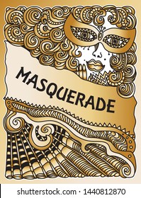 Vector abstract Masquerade drawing. Carnival Party invitation card. Mardi Gras holiday greeting. Black and gold hand drawn doodle sketch. Lady in mask, Baroque wig, fan, bow, scrolls, confetti