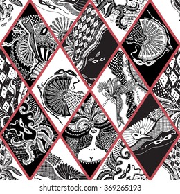 Vector abstract Masquerade ornament. Carnival Party seamless pattern. Harlequin rhombus. Mardi Gras holiday. Black and white hand drawn doodle sketch. Tribal ornaments,feathers, checkered texture