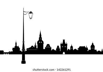 Vector abstract medieval European town. Lantern and all buildings are separate objects, easy to edit.