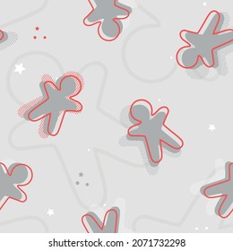 Vector Abstract Memphis Gingerbread Cookies on Silver Gray seamless pattern background. Perfect for web design, fabric, scrapbooking and wallpaper projects.