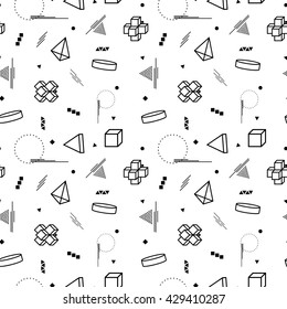 Vector abstract memphis pattern with 3d geometric shapes - seamless. Retro memphis hipster style, fashion 80-90s. Black and white texture.