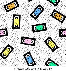 Vector abstract memphis pattern with mosaic color videotapes on handdraawn dotted background  - seamless. Retro memphis hipster style, fashion 80-90s.