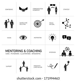 vector abstract mentoring and coaching icons and pictograms set of skills and solutions