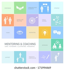 vector abstract mentoring and coaching icons and pictograms set of skills and solutions 